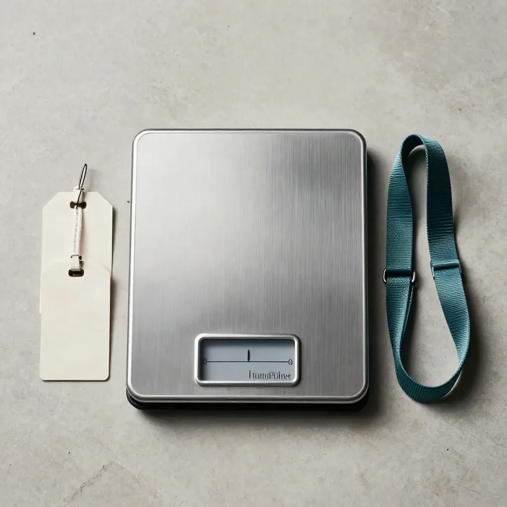 Top-down still life of a luggage scale, bag tags, and a teal lanyard on pale stone.