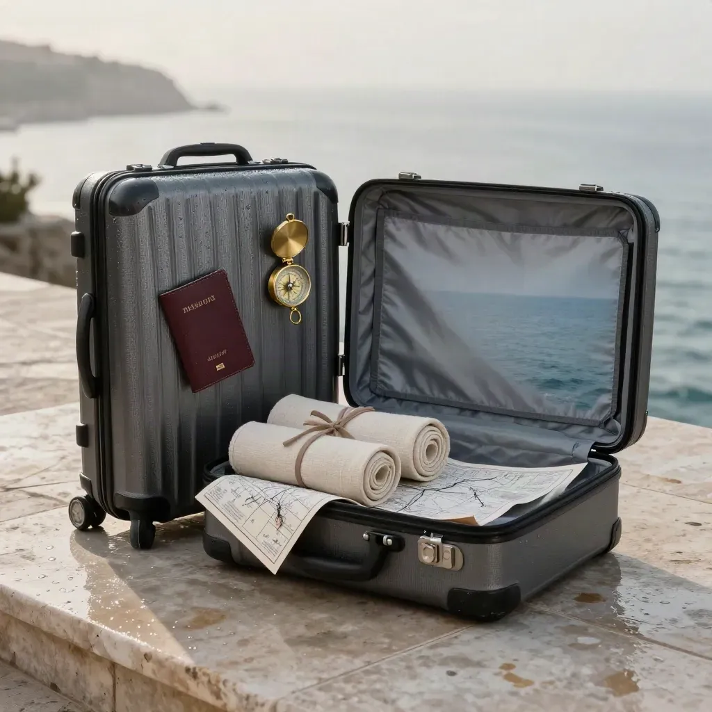 Graphite suitcase with travel gear on a wet stone terrace at dawn, misty coast behind.