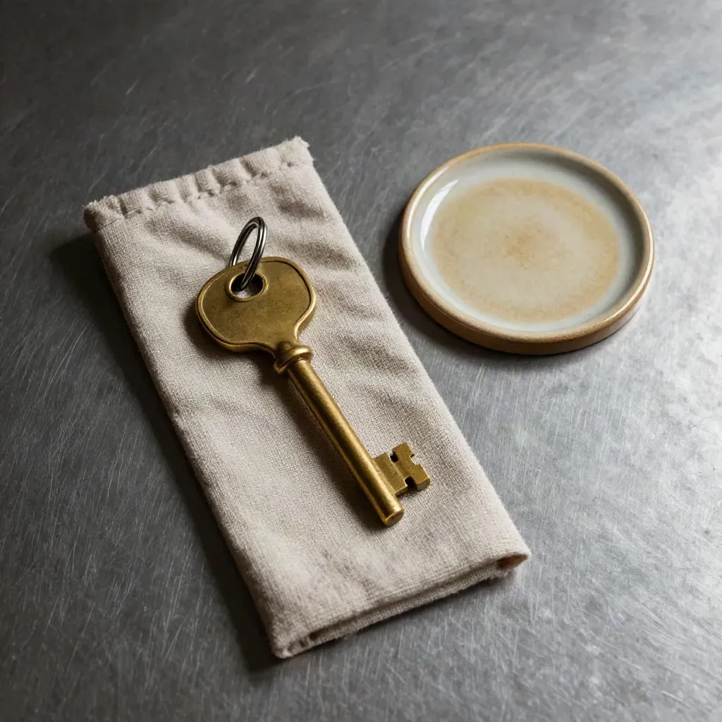 Brass room key, linen sleeve and ceramic coaster on brushed metal in soft light.