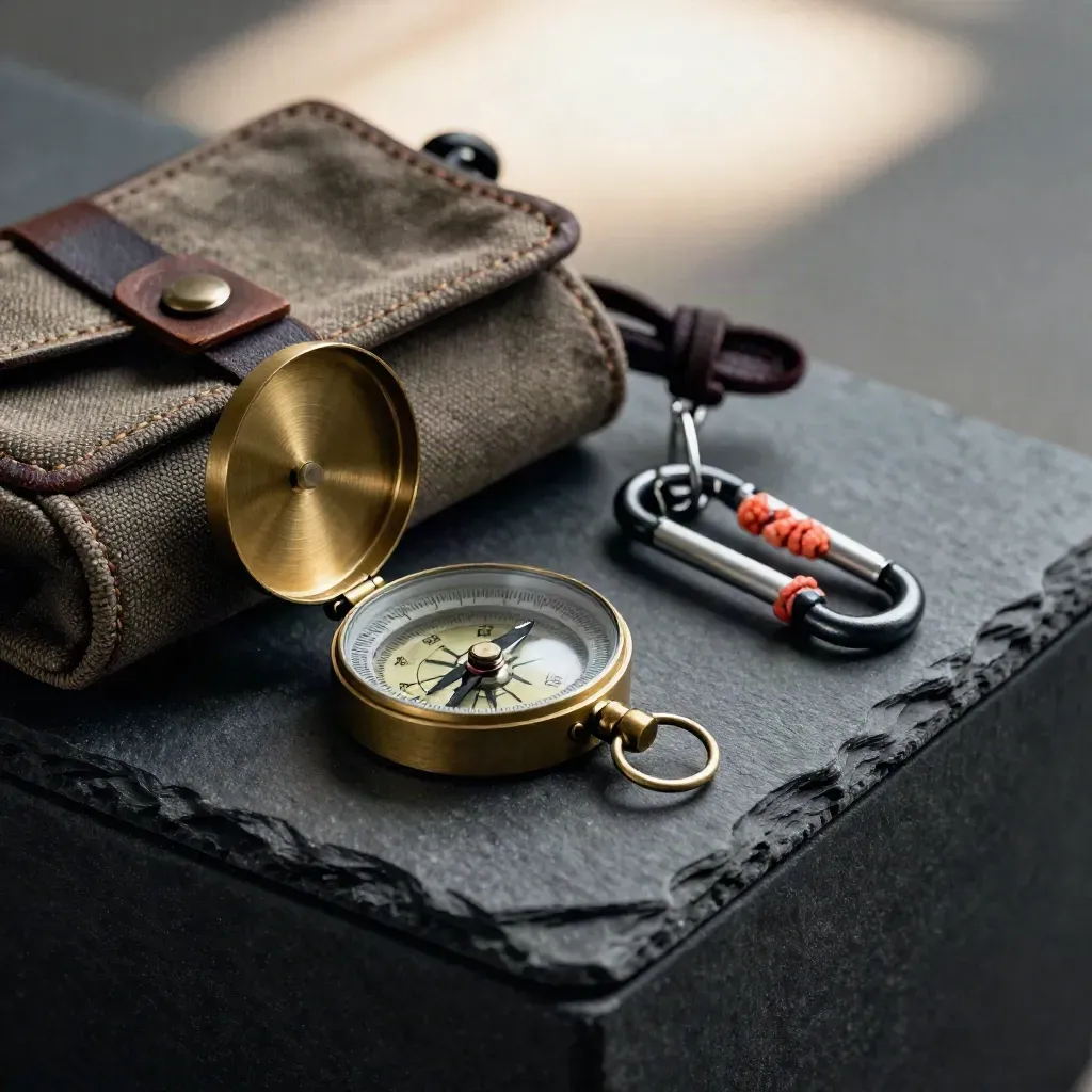 Open brass compass, waxed canvas pouch, and coral-cord key fob on dusty graphite slate