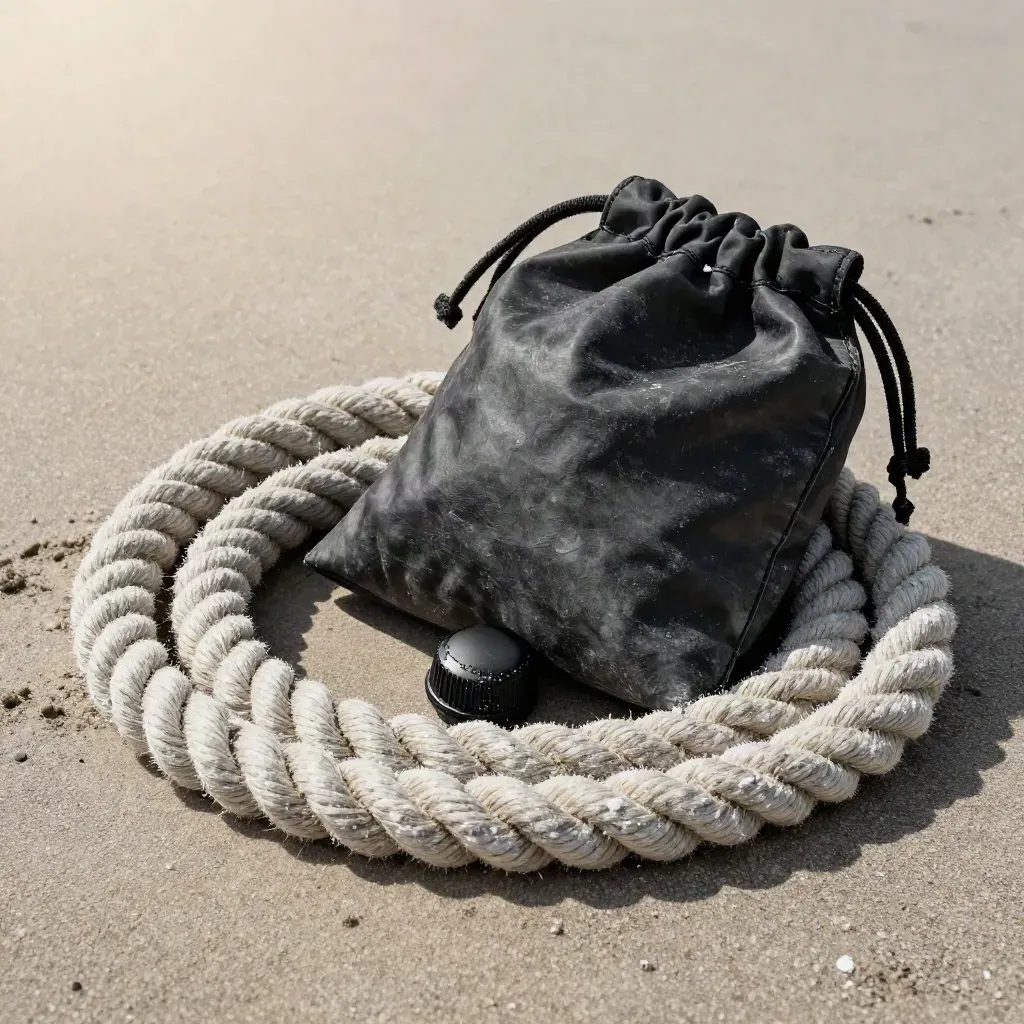 Salt-stained rope coil, waxed tide pouch, and bottle cap on plaster in sea spray.