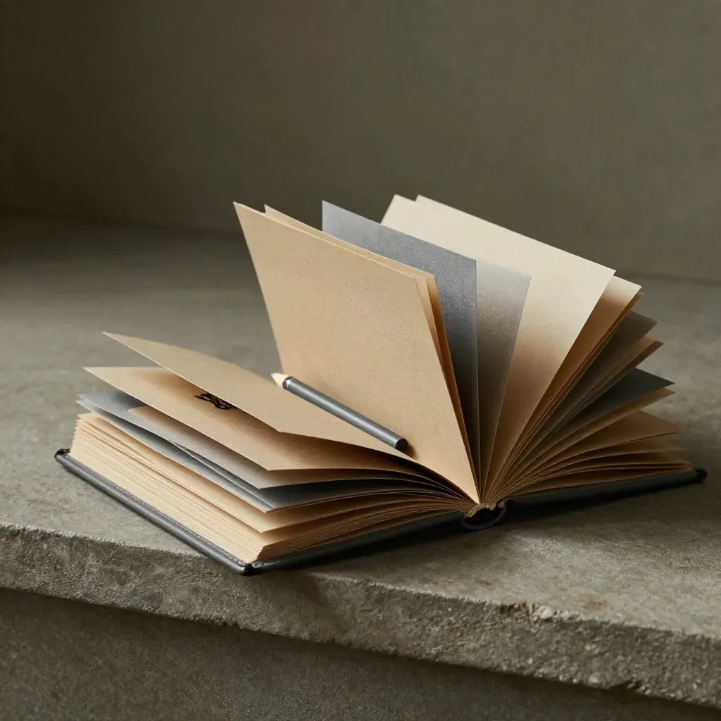 Accordion travel planner booklet with tabs and a graphite pencil, fanned on a stone ledge.