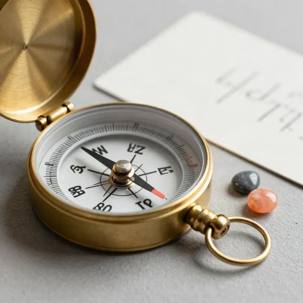 Brass compass with two stone markers on a matte grey surface, shot in extreme macro.