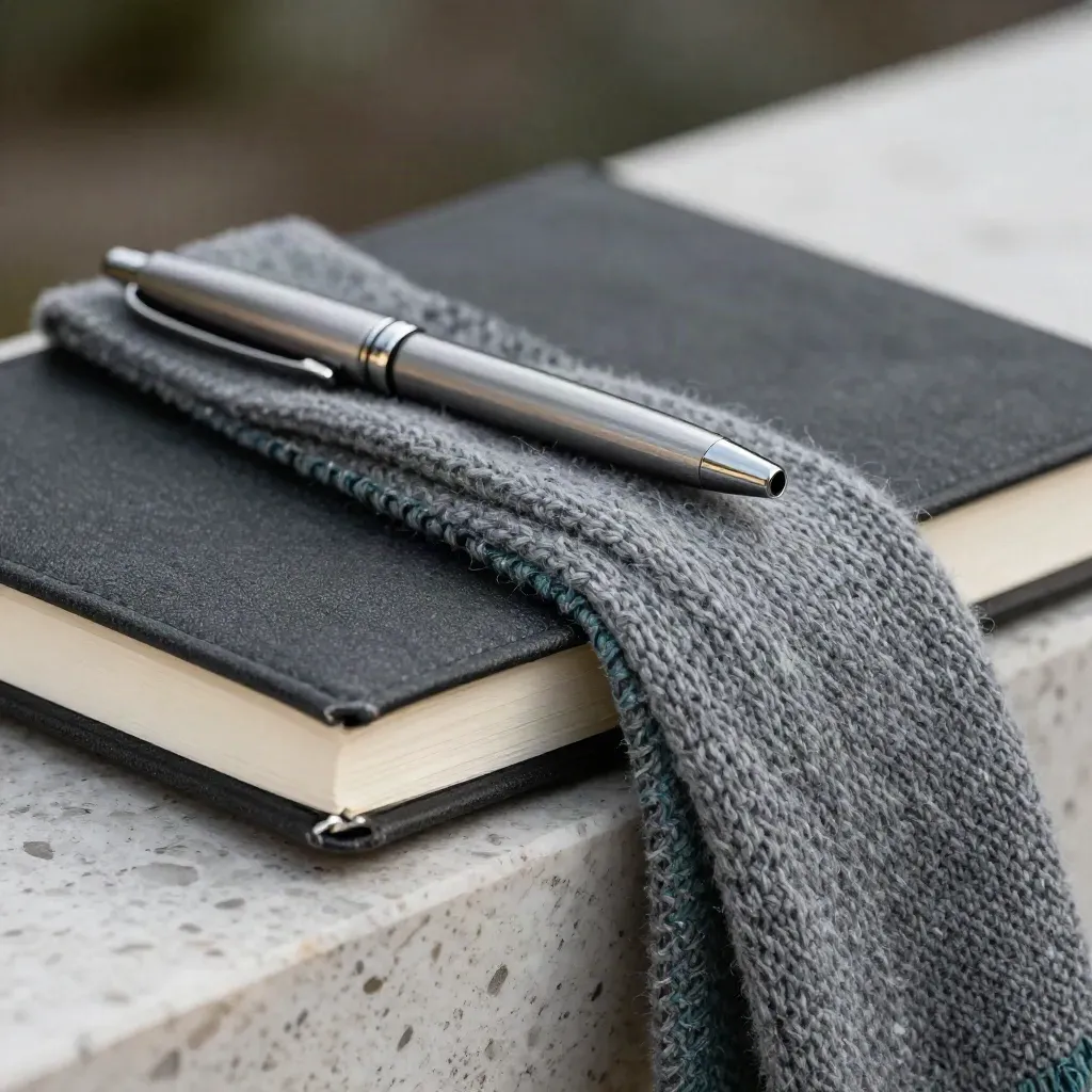 Macro travel journal, clipped pen and merino scarf on pale travertine, softly lit.