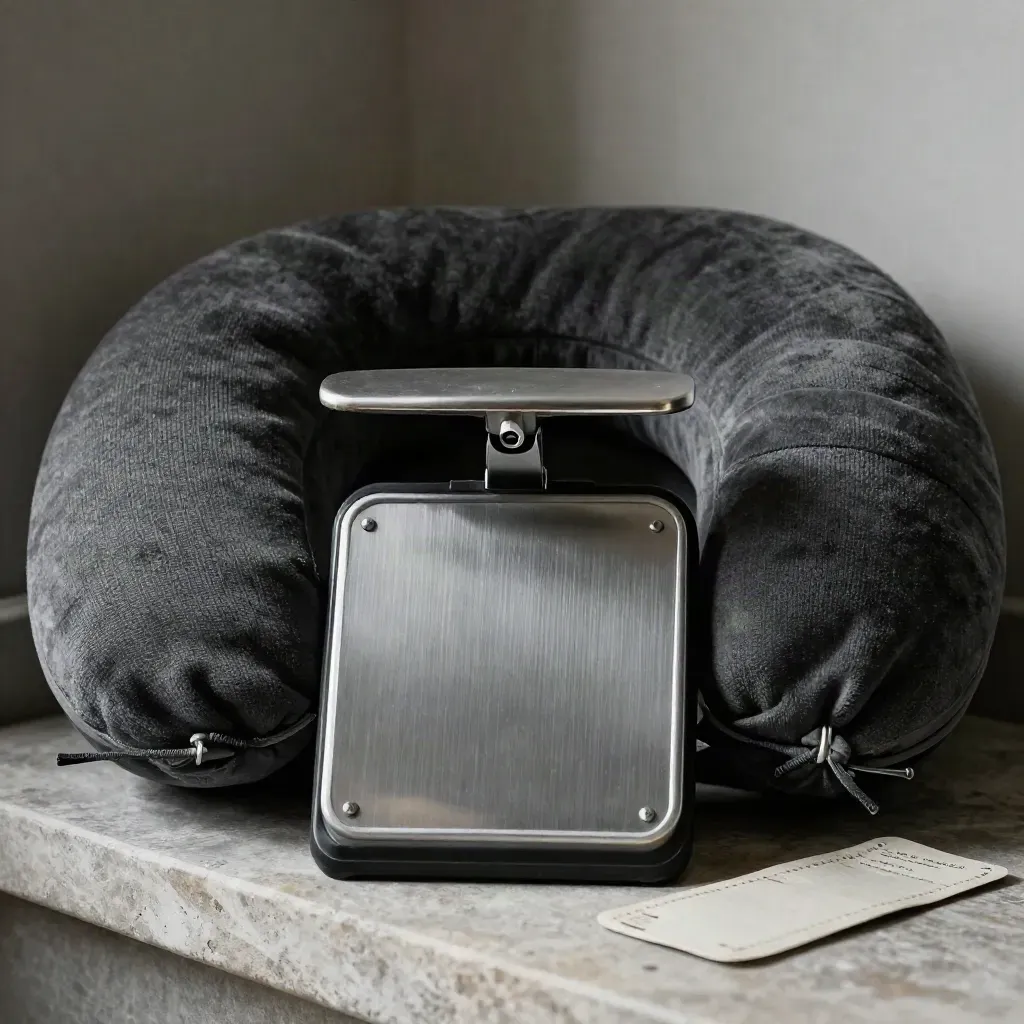 Graphite luggage scale beside a folded neck pillow and blank ticket sleeve on stone
