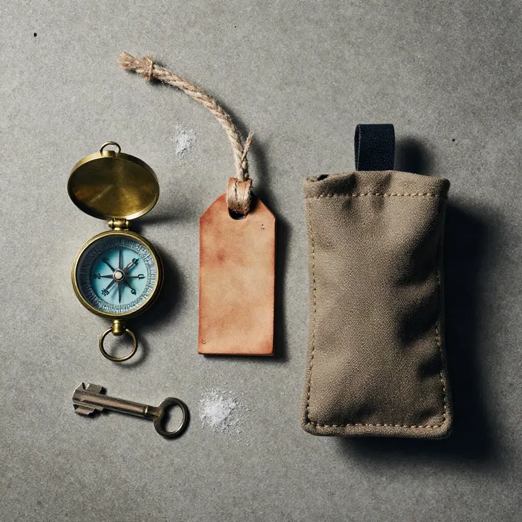 Overhead still life of a brass marine compass, rope luggage tags and canvas pouch on pale concrete