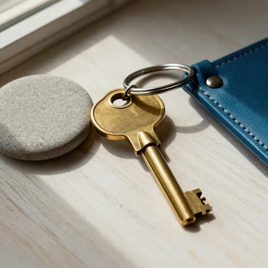 Brass room key, heavy fob and stone coaster on pale wood in soft daylight.
