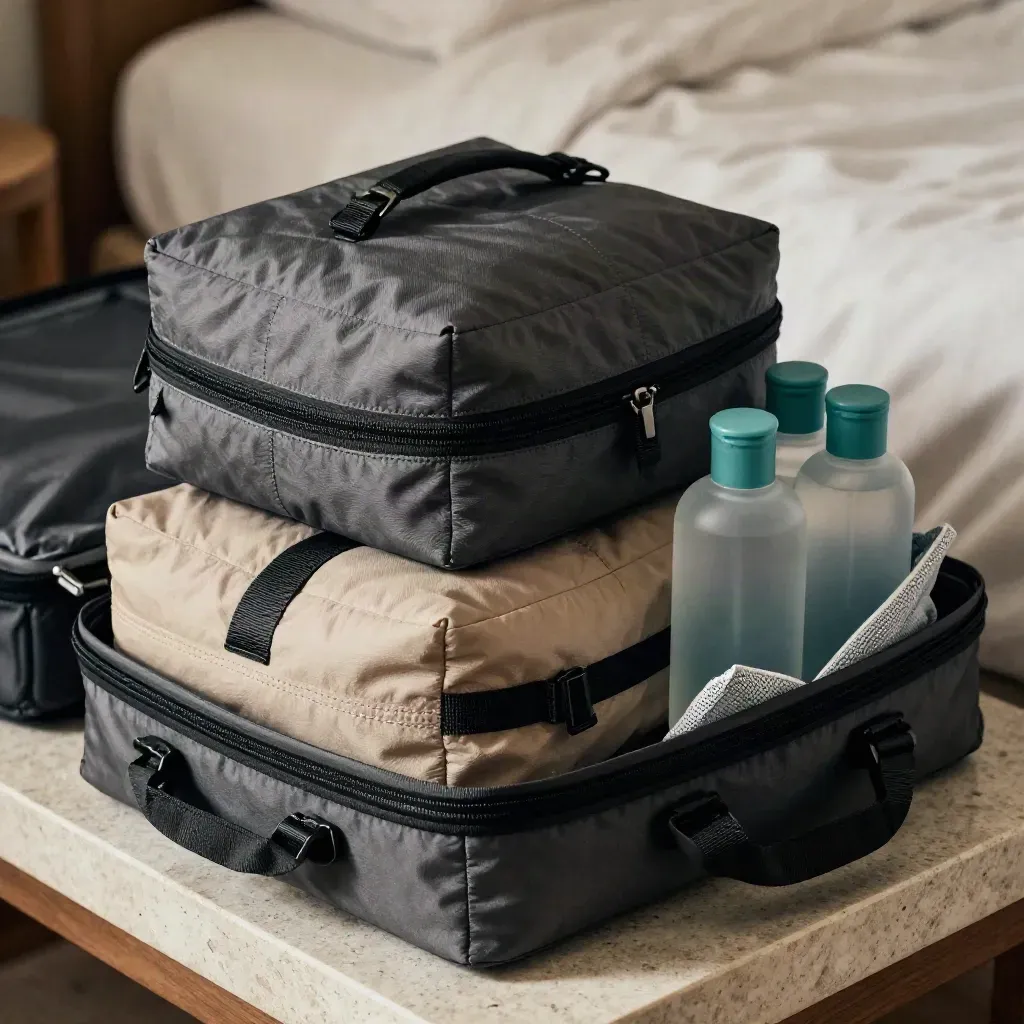 Packing cubes and travel bottles stacked with a compression strap on a limestone bench.