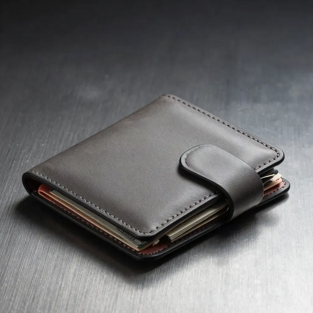Travel wallet, coin pouch, and folded cash band on brushed metal in dramatic low-key light.