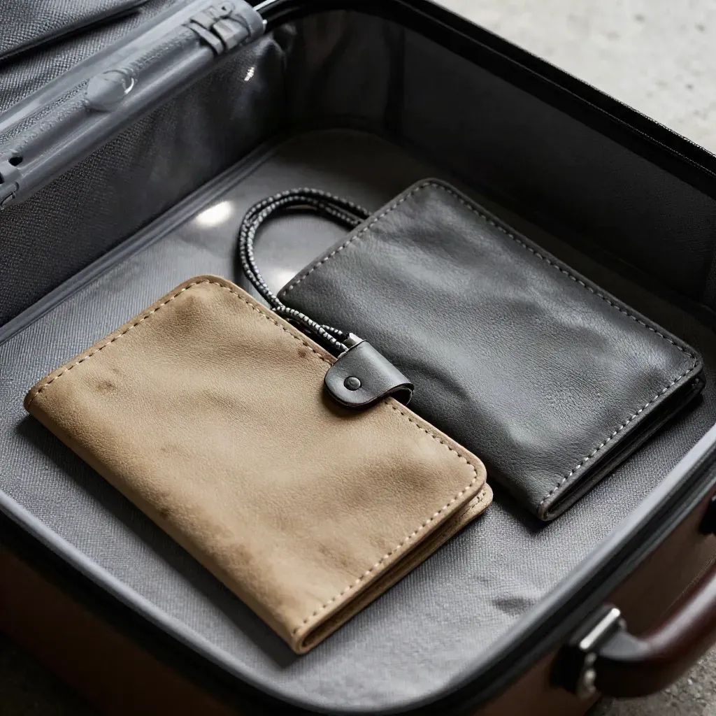 Two passport sleeves, coin pouch and braided cord viewed through packing mesh.