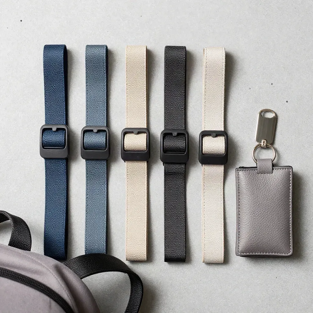 Four luggage straps, key pouches, and metal tag rings on slate concrete, viewed from above.