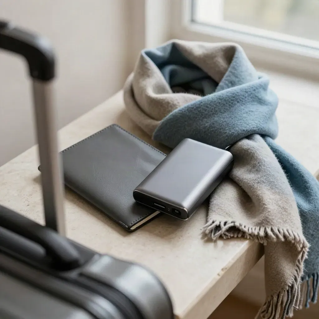 Passport sleeve, power bank and wool scarf tucked around a suitcase handle, lit by cool morning light.