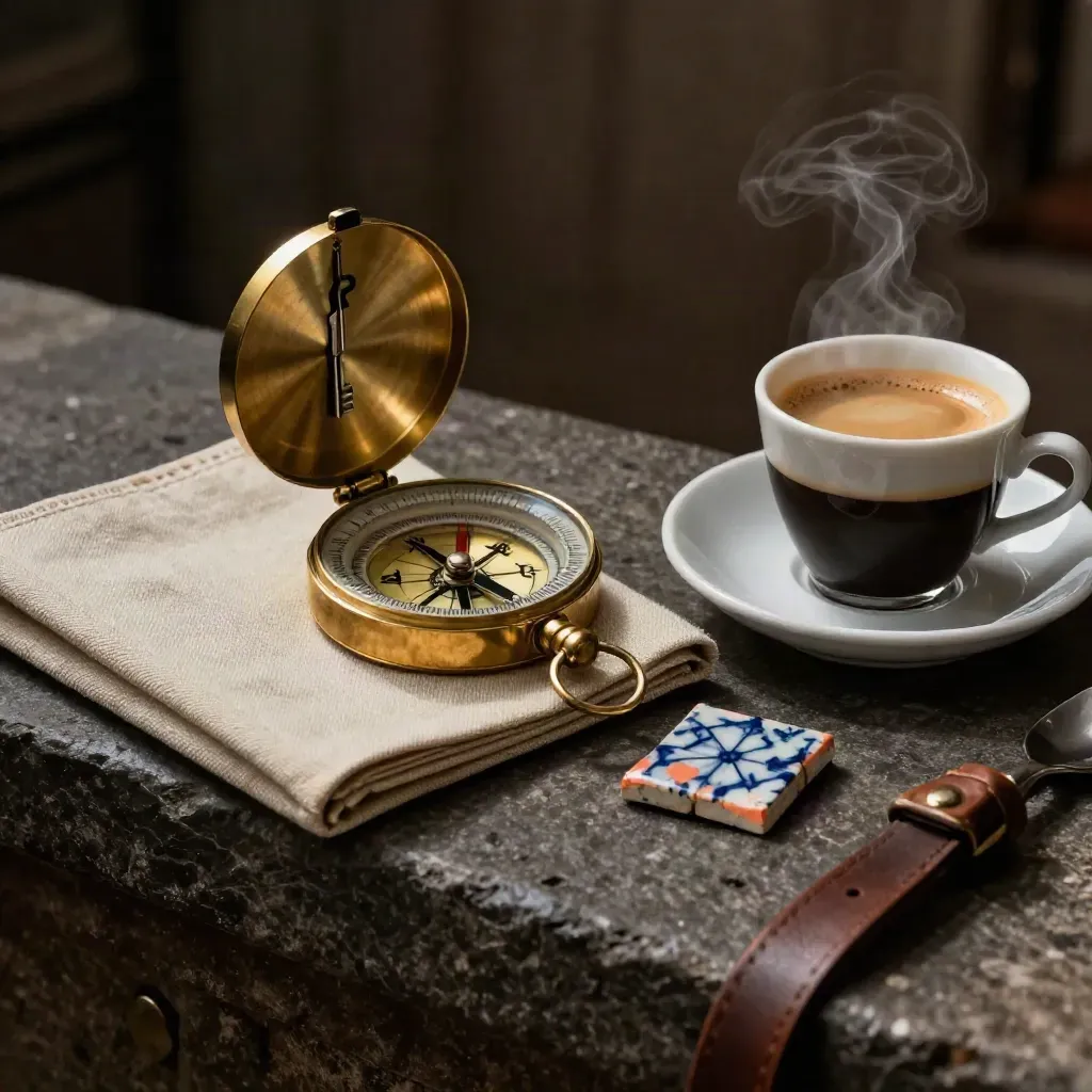 Brass compass, linen passport sleeve, azulejo shard and espresso saucer in moody studio light.