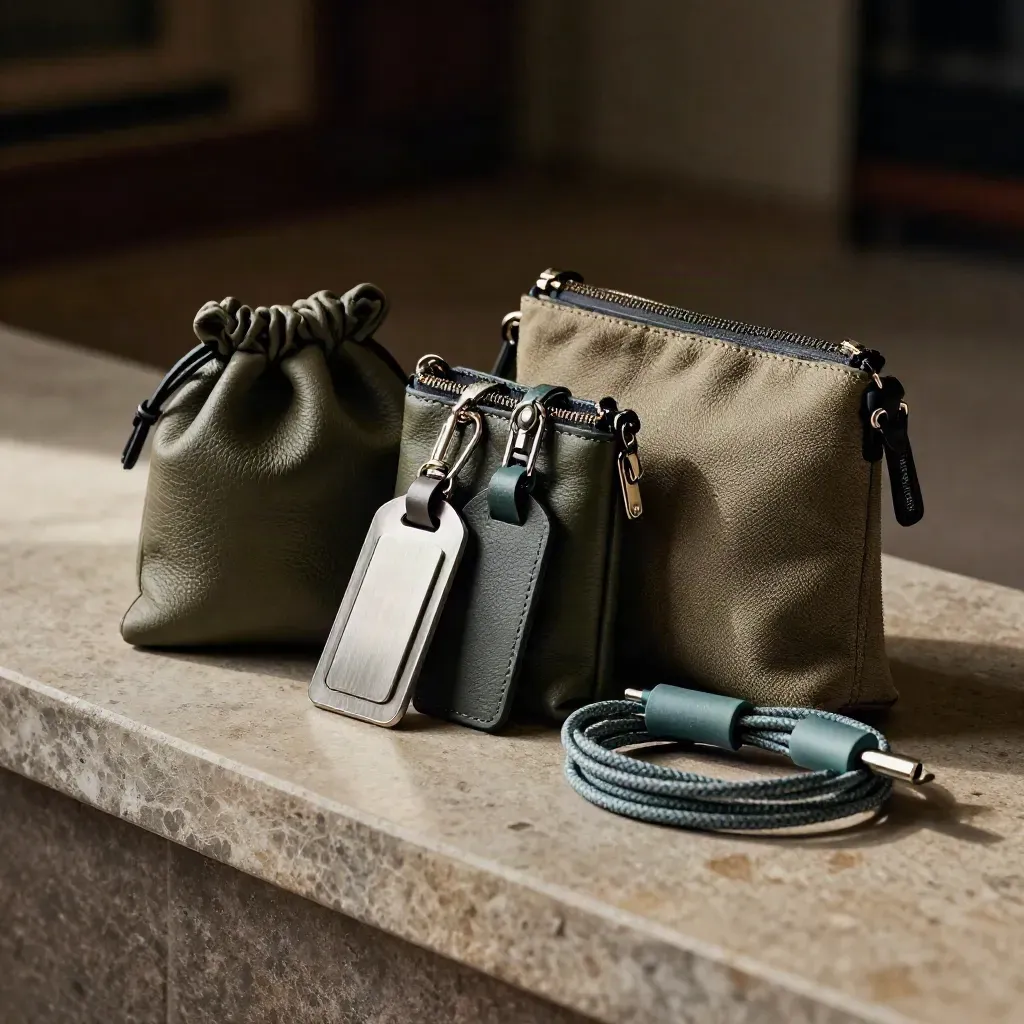 Macro still life of travel pouches, clipped luggage tags and a coiled cable on a stone ledge.