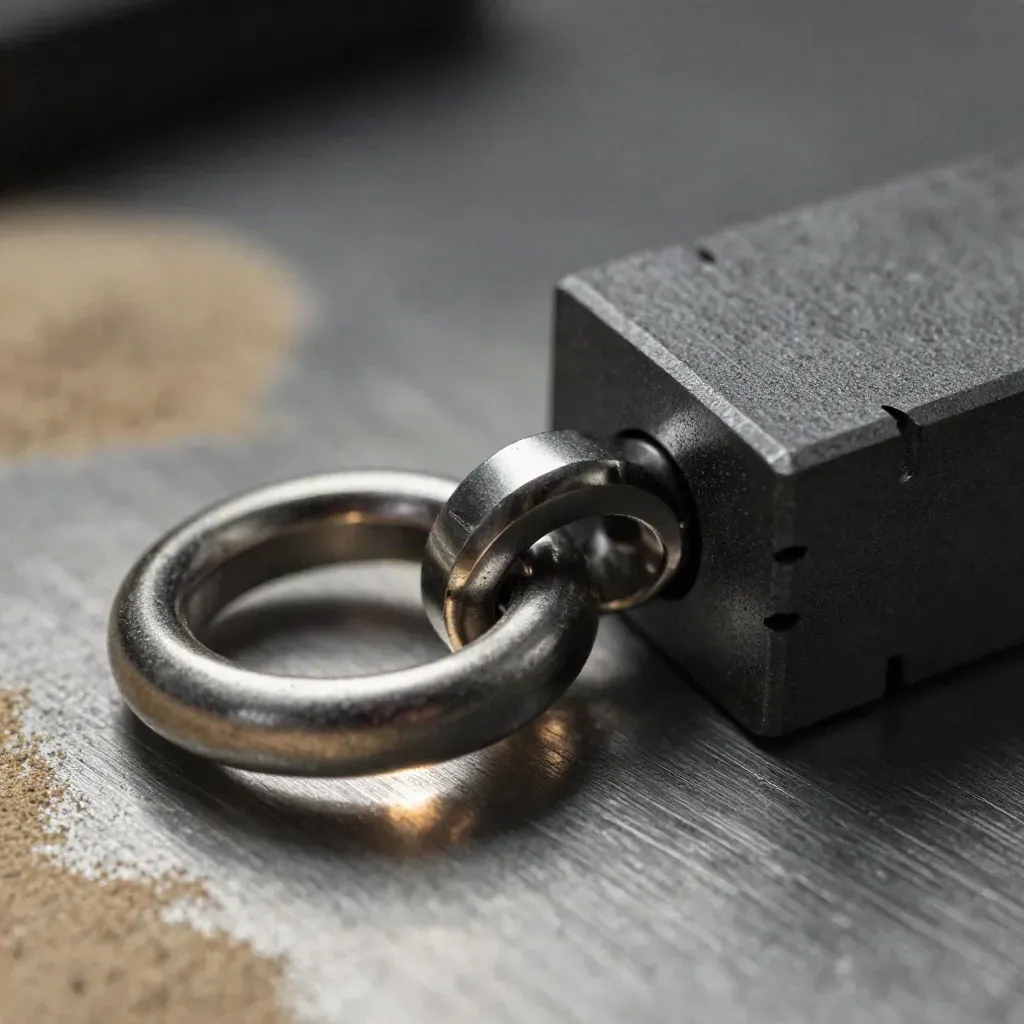 Macro of steel rings, connector, and modular block on brushed metal with sand-toned accent light.