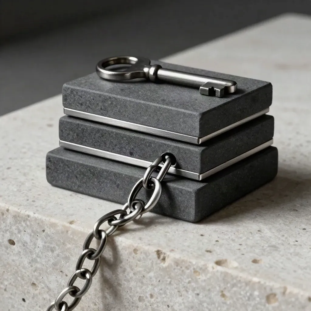 Graphite blocks, an aluminum spacer, and a linked ring chain on pale stone under dramatic light.