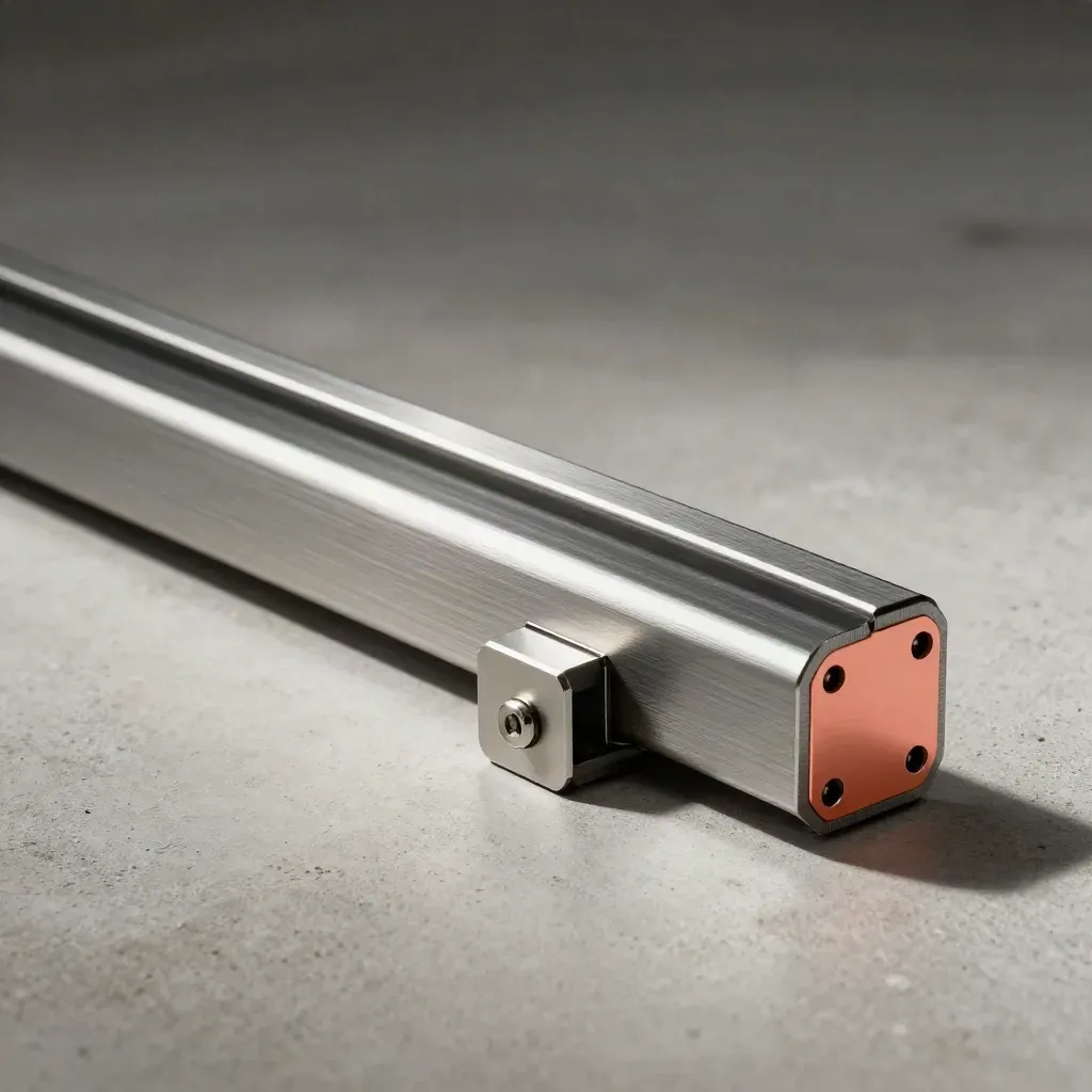Brushed aluminum rails and connector aligned on pale concrete with dust in the light