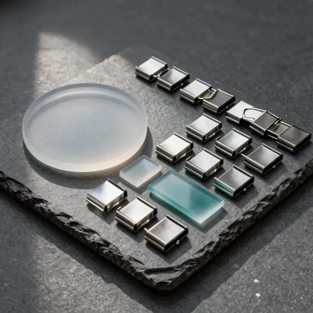 Top-down still life of acrylic tiles, frosted glass, and metal clips on graphite stone with teal accent
