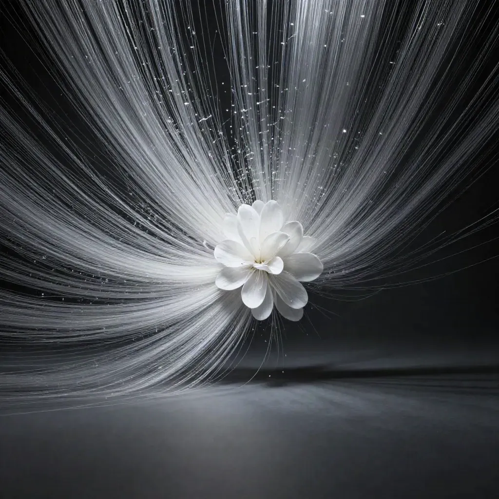 Silver light filaments converge into a soft white bloom in a dark void.